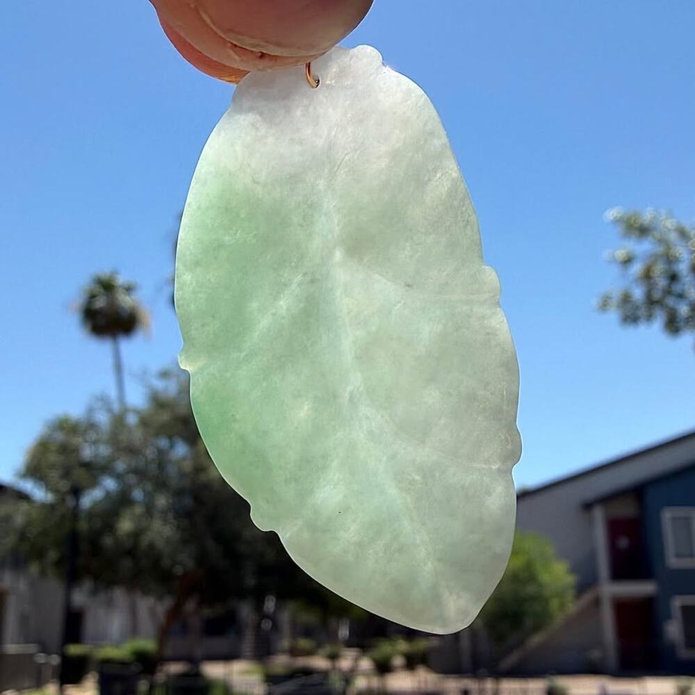 Natural Icy Green Jadeite Leaf Pendant Necklace